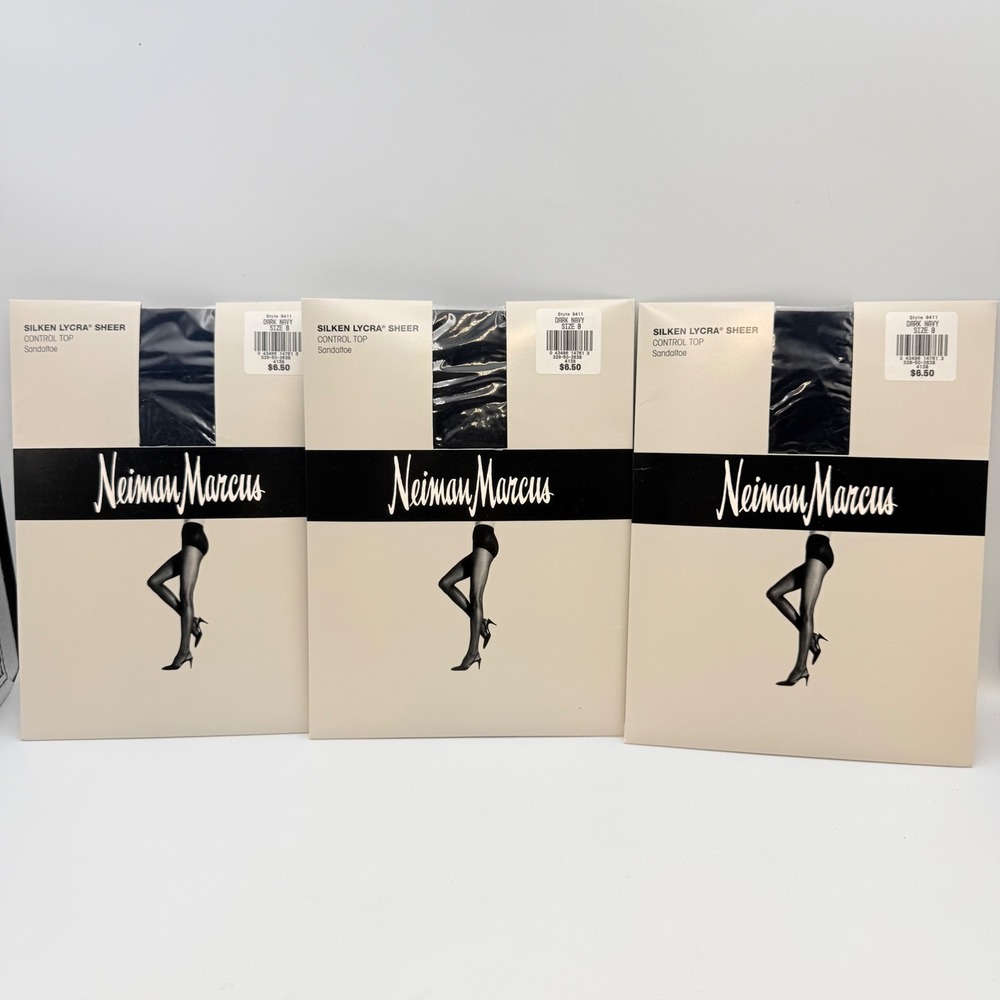 3PK Neiman Marcus Silken Lycra Sheer Control Top Pantyhose Dark Navy Size B 9411